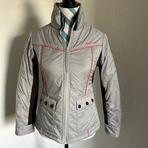 Volcom zip-up nylon jacket w/poly fill, gray w/brown & orange accents, size S